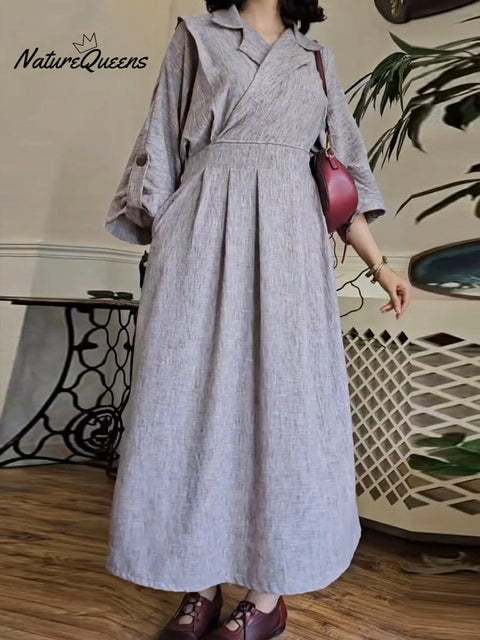 Women's Suit Collar Pocket Cotton Linen Dress