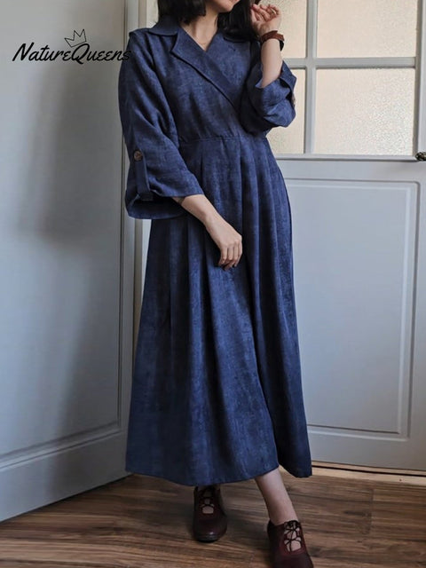 Women's Suit Collar Pocket Cotton Linen Dress