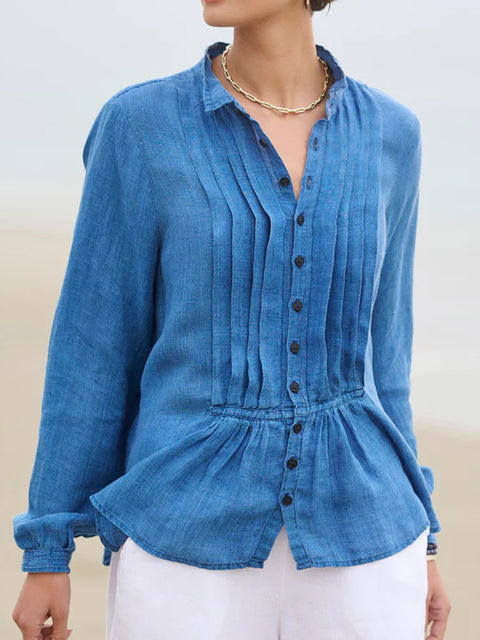 Women's Casual Solid Color Pleated Cotton And Linen Shirt