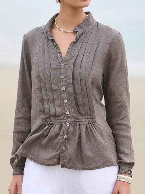Women's Casual Solid Color Pleated Cotton And Linen Shirt