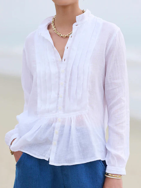 Women's Casual Solid Color Pleated Cotton And Linen Shirt