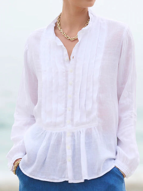 Women's Casual Solid Color Pleated Cotton And Linen Shirt