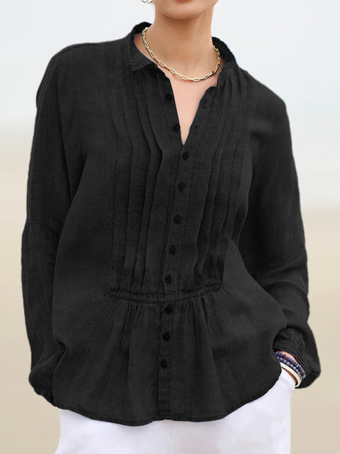 Women's Casual Solid Color Pleated Cotton And Linen Shirt