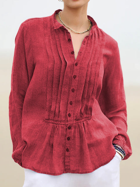 Women's Casual Solid Color Pleated Cotton And Linen Shirt