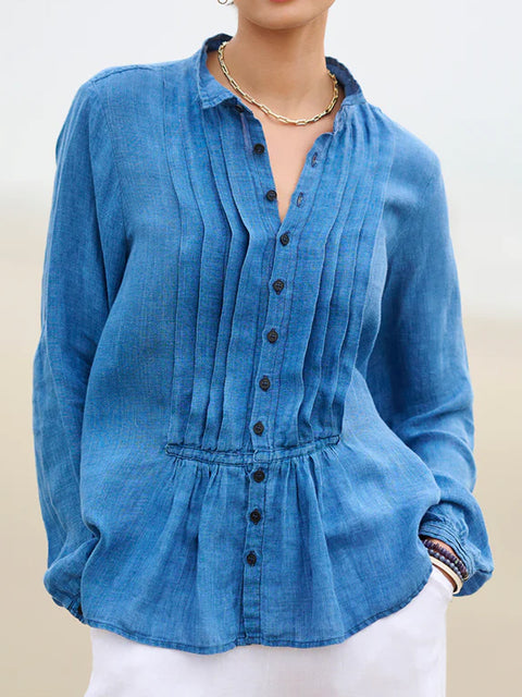 Women's Casual Solid Color Pleated Cotton And Linen Shirt