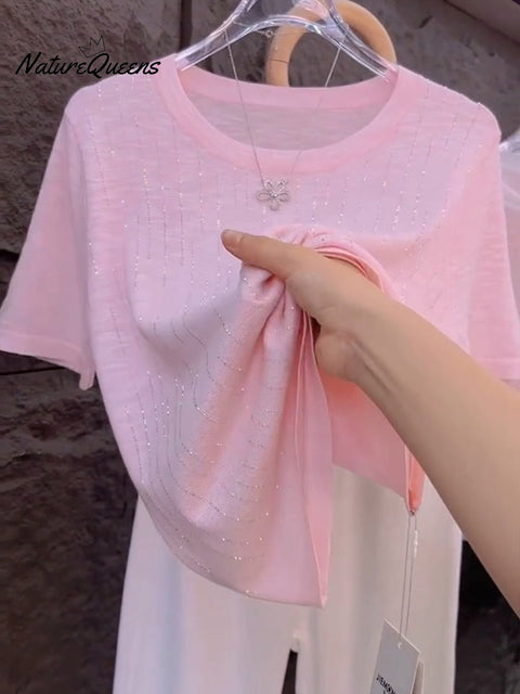 Casual Crew Neck Short Sleeve Knitted Rhinestone Sweater