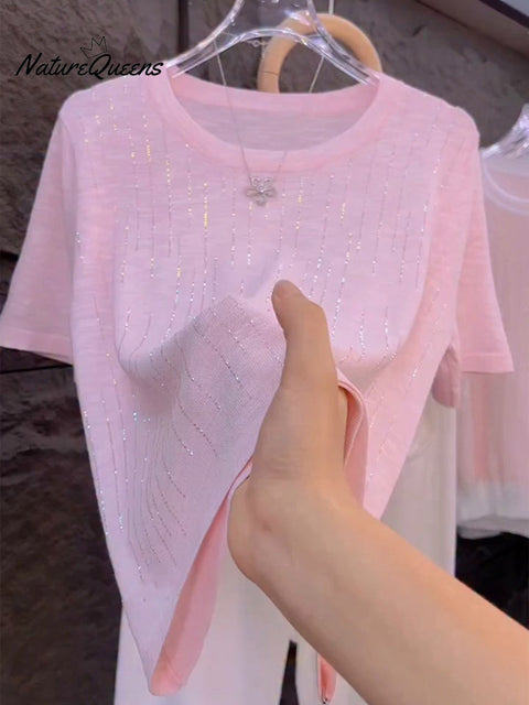 Casual Crew Neck Short Sleeve Knitted Rhinestone Sweater