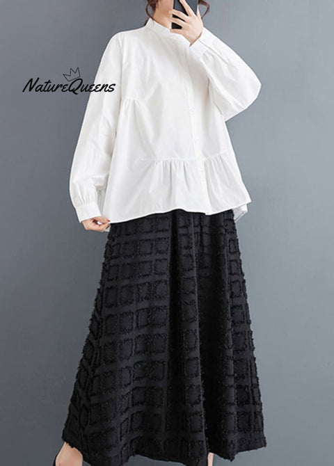 Plus Size White Stand Collar Patchwork Cotton Shirts Spring