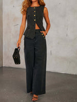 Denim Button Sleeveless Vest & Wide Leg Jeans 2Pcs Set