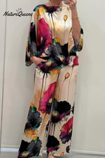 Casual Crew Neck Printed Satin Suit