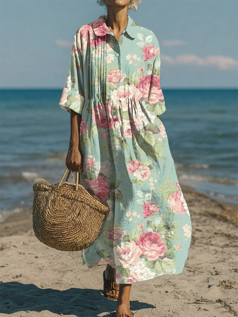 Women's Casual Cotton-Linen Peter Pan Collar 3/4 Sleeve Dress