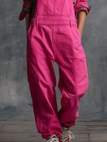 Casual And Stylish Multi-pocket Rose Pink Washed Cotton Overalls