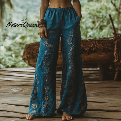 Bohemian Holiday Style Linen Bohemian Ethnic Totem Print Linen Long Loose Wide-leg Pants