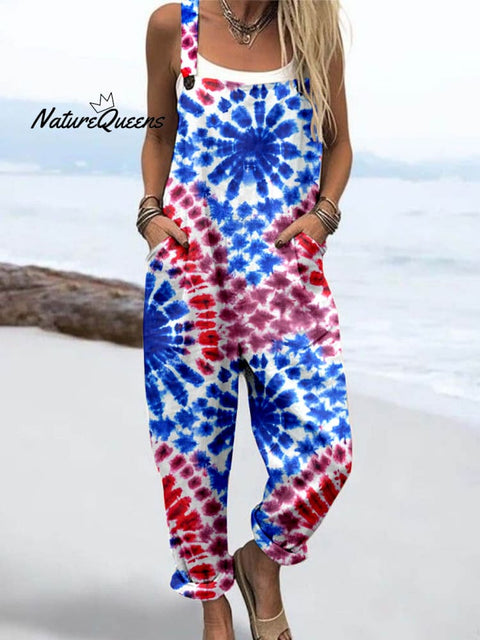 Wome'S Tie-Dye Pattern Print Casual Cotton Wide Leg Jumpsuit