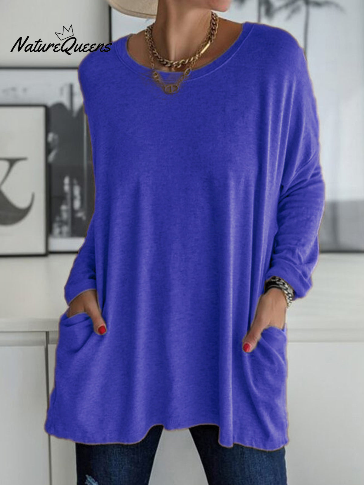 Casual Crew Neck With Pockets Loose Long Sleeve Blouse Blue / S