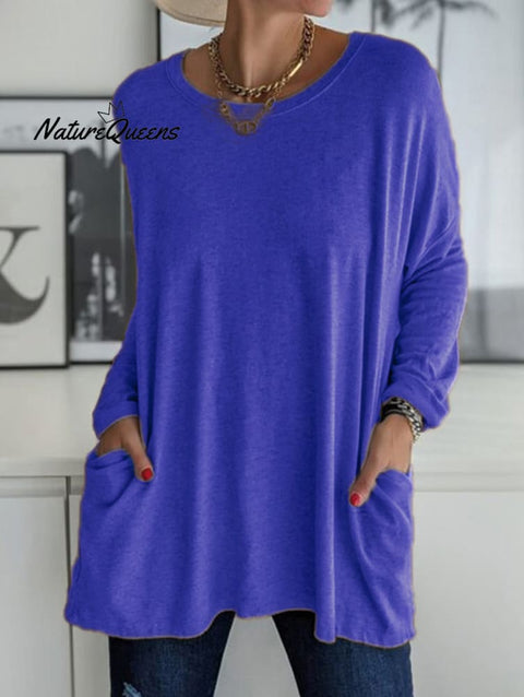 Casual Crew Neck With Pockets Loose Long Sleeve Blouse Blue / S