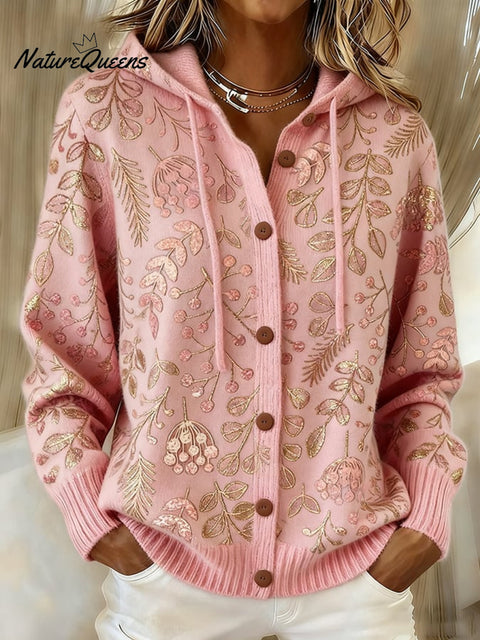 Women's casual retro pink floral knitted hooded cardigan
