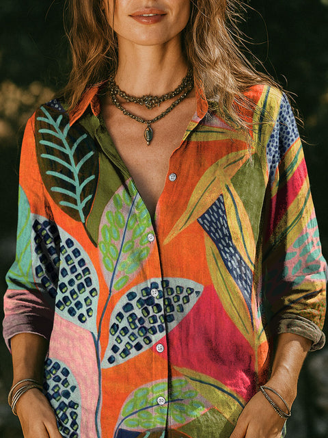 Women's Simple Plants Multicolor Print Casual Cotton Shirt