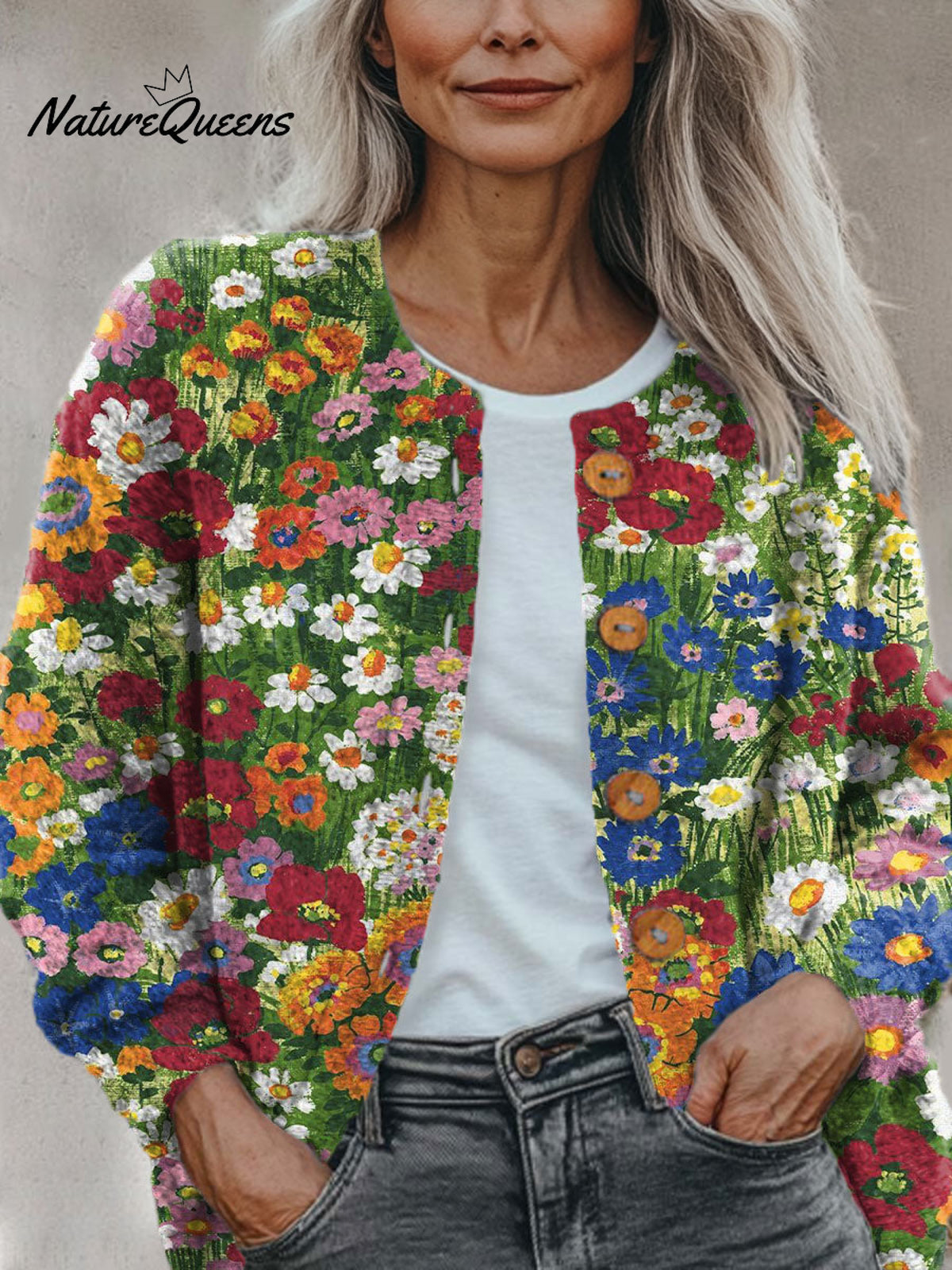 Simple Floral Multicolor Print Buttoned Cardigan Sweater