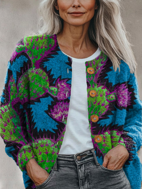 Plant Cactus Multicolor Print Buttoned Cardigan Sweater