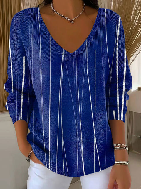 Women's Deep Blue White Lines Minimalist Abstract Casual Print Pullover Sweater