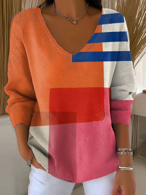 Women's Pink Orange Blue Beige Minimalist Abstract Casual Print Pullover Sweater