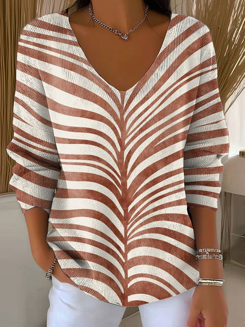 Women's Dark Terracotta Abstract Leaf Abstract Casual Print Pullover Sweater