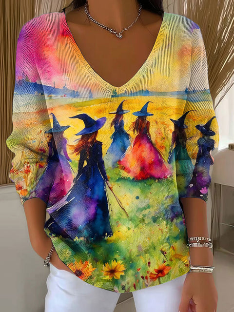 Women's Watercolor Witch Halloween Casual Print Pullover Sweater