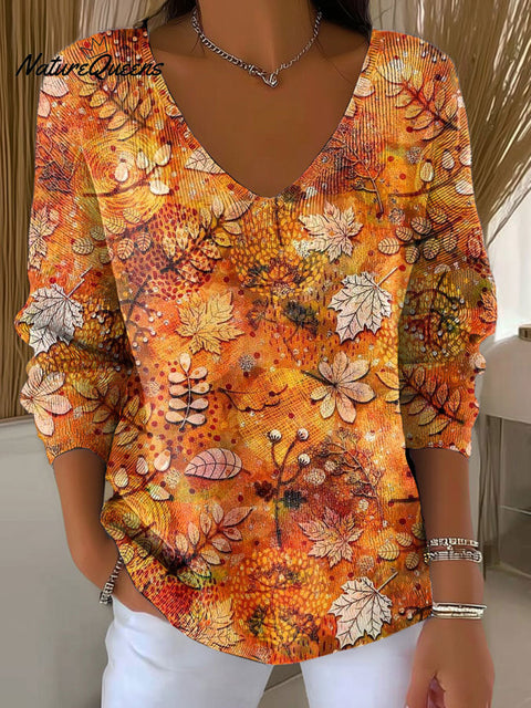 Women's Autumn Leaves Orange Casual Print Pullover Sweater