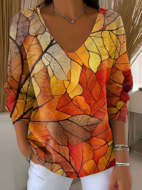 Women's Autumn Leaves Orange Casual Print Pullover Sweater