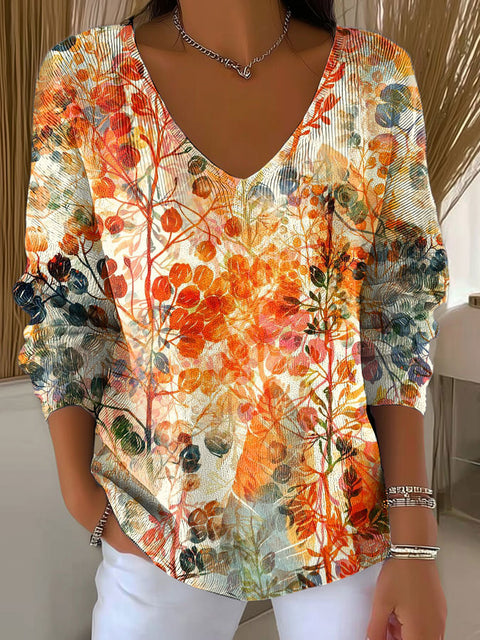 Women's Autumn Leaves Orange Casual Print Pullover Sweater