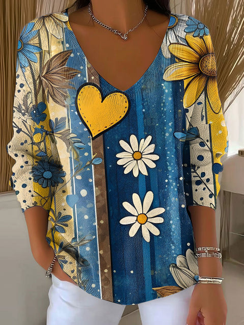 Women's Dark Blue Flowers Abstract Casual Print Pullover Sweater