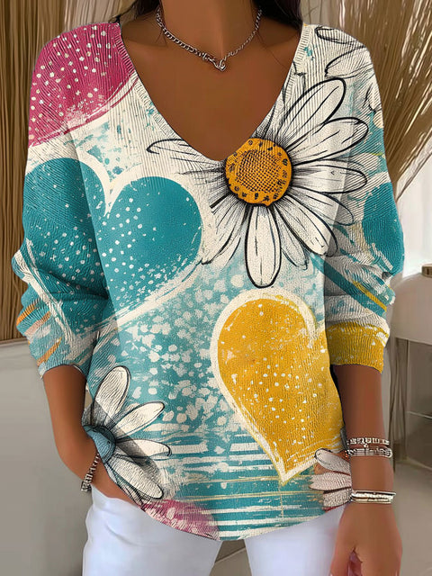 Women's White Flowers Minimalist Abstract Casual Print Pullover Sweater