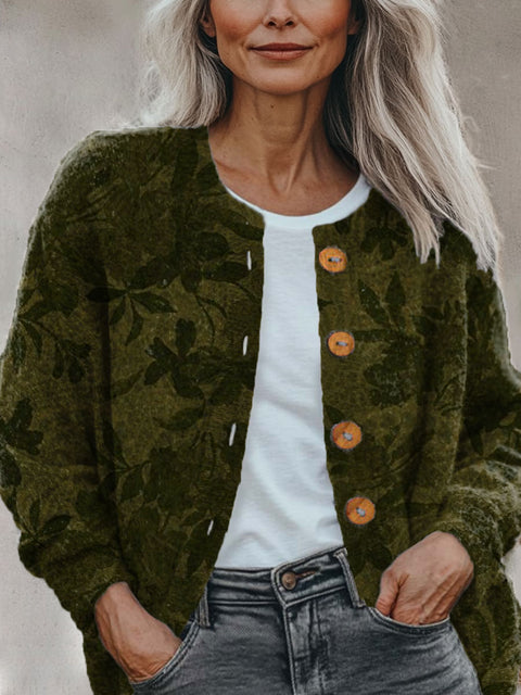 Retro Ethnic Floral Pattern Print Buttoned Cardigan Sweater