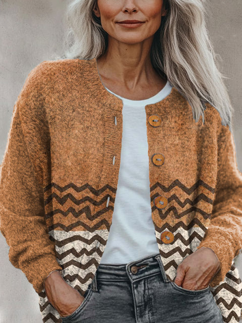 Terracotta Black Waves Abstract Pattern Print Buttoned Cardigan Sweater