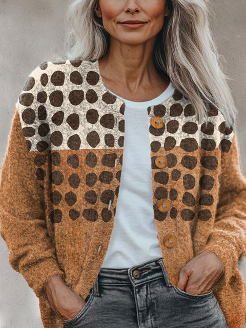 Terracotta Black Dots Abstract Art Pattern Print Buttoned Cardigan Sweater