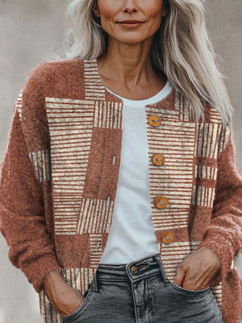 Abstract Terracotta Linocut Boho Art Pattern Print Buttoned Cardigan Sweater