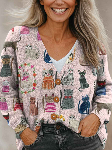 Geometric Cat Flower Pink Print Buttoned V-neck Cardigan Sweater
