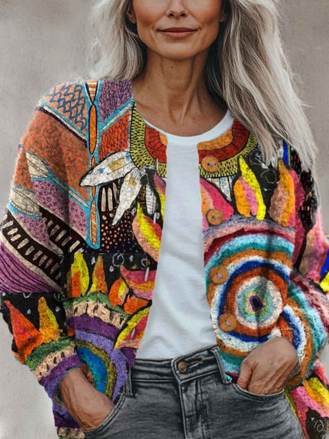 Abstract Geometry Colors Flowers Art Pattern Print Buttoned Cardigan Sweater