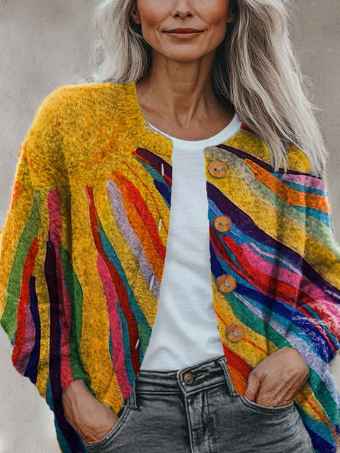 Abstract Geometry Color Sun Art Pattern Print Buttoned Cardigan Sweater