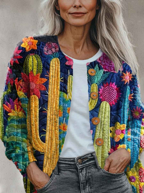 Abstract Geometry Colors Cactus Art Pattern Print Buttoned Cardigan Sweater
