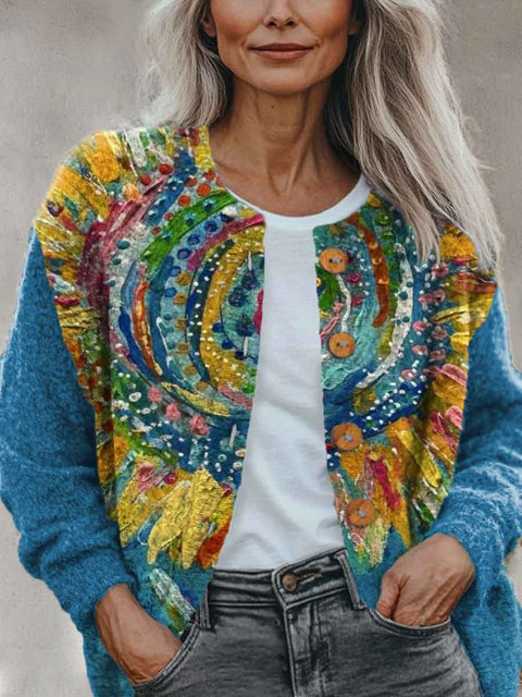 Abstract Geometry Colors Flowers Art Pattern Print Buttoned Cardigan Sweater