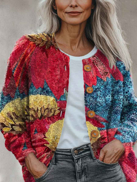 Abstract Geometry Colors Flowers Art Pattern Print Buttoned Cardigan Sweater