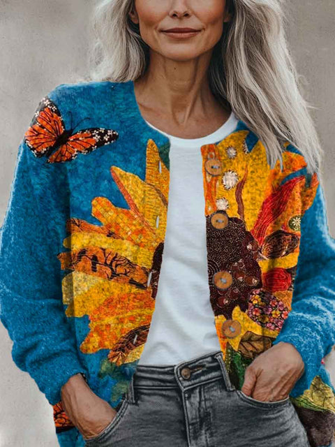 Abstract Geometry Colors Flowers Art Pattern Print Buttoned Cardigan Sweater