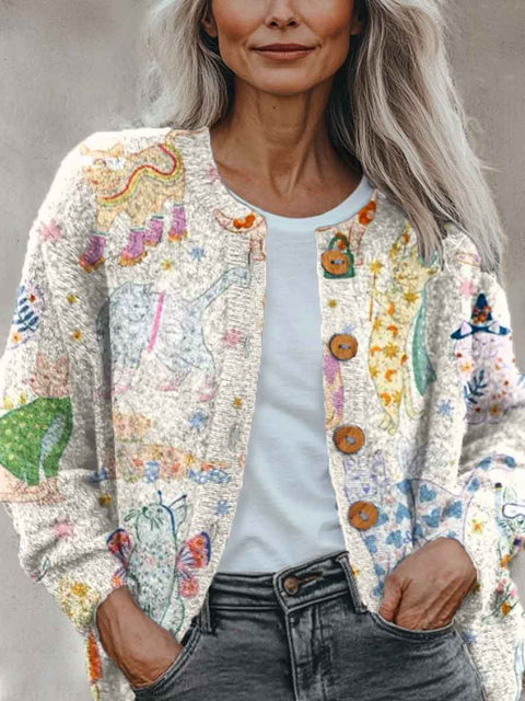 Abstract Geometry Cat Playful Art Pattern Print Buttoned Cardigan Sweater