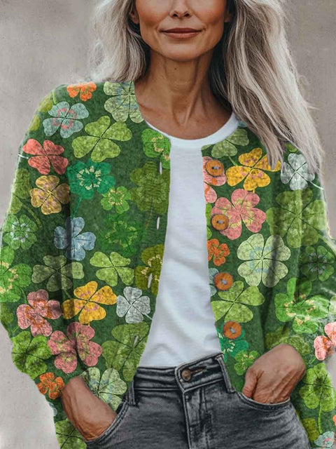 Abstract Geometrygreen Four Leaf Clover Art Pattern Print Buttoned Cardigan Sweater