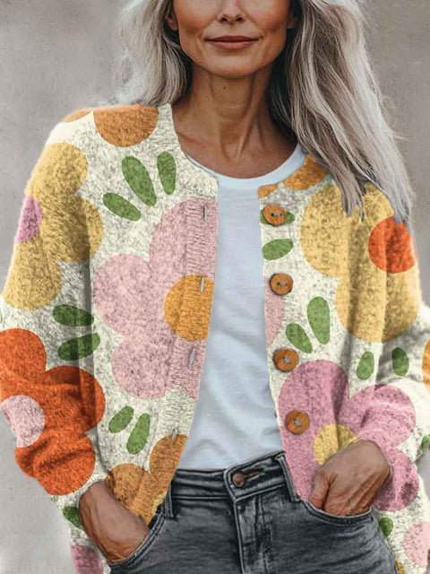Abstract Geometry Flowers Art Pattern Print Buttoned Cardigan Sweater