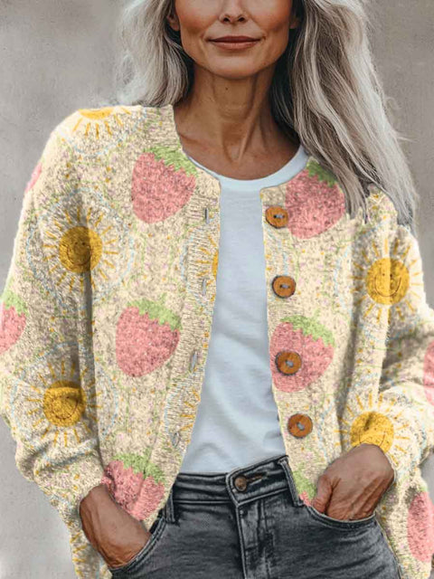 Abstract Geometry Flowers Strawberry Art Pattern Print Buttoned Cardigan Sweater