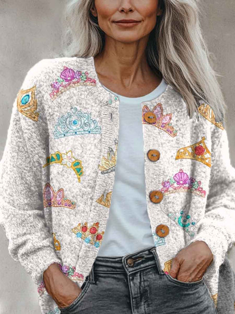 Abstract Geometry Crown Art Pattern Print Buttoned Cardigan Sweater