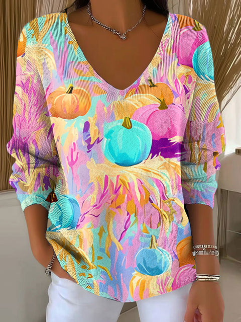 Women's Preppy Autumn Pumpkins Fall Halloween Casual Print Pullover Sweater